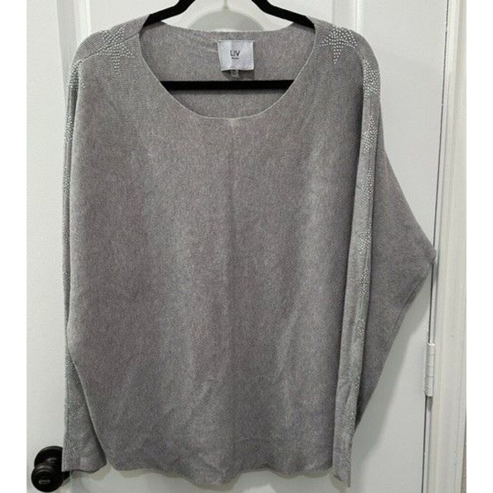LIV Milano Gray Dolman Sleeve Soft Sweater Rhinestone Star Embellished Size XL
